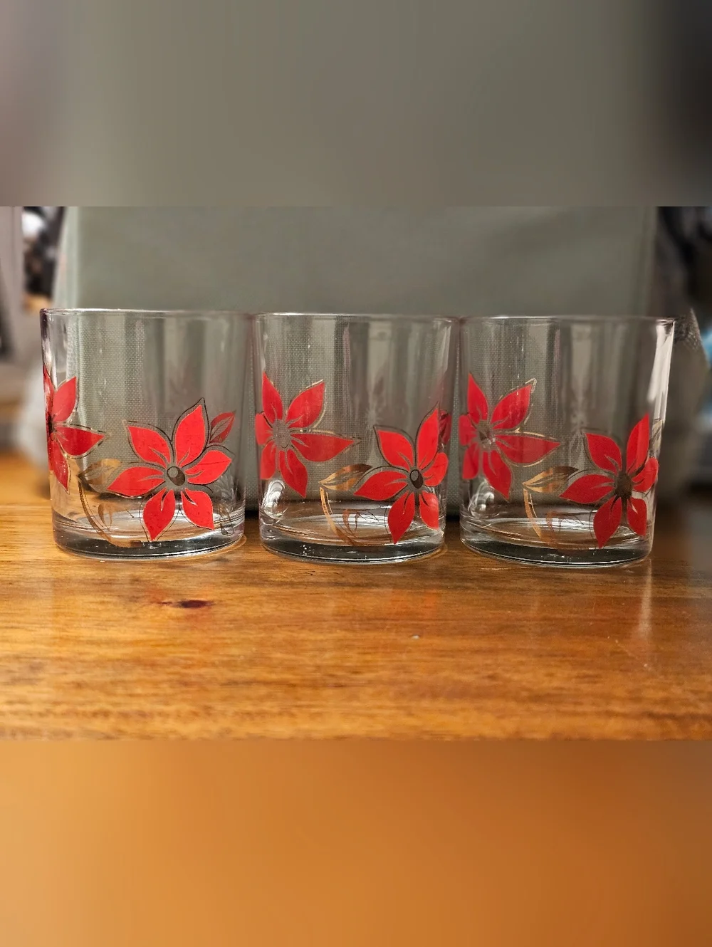 Vintage Poinsetta Ice Bucket And Drinking Glasses Set Of 4 Red Gold Retro